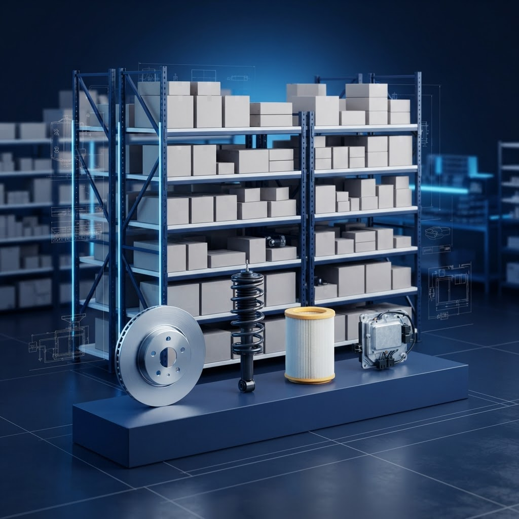 Organized automotive parts warehouse with shelving, plain parts boxes, a brake rotor, a coil spring and an air filter arranged as a technical display