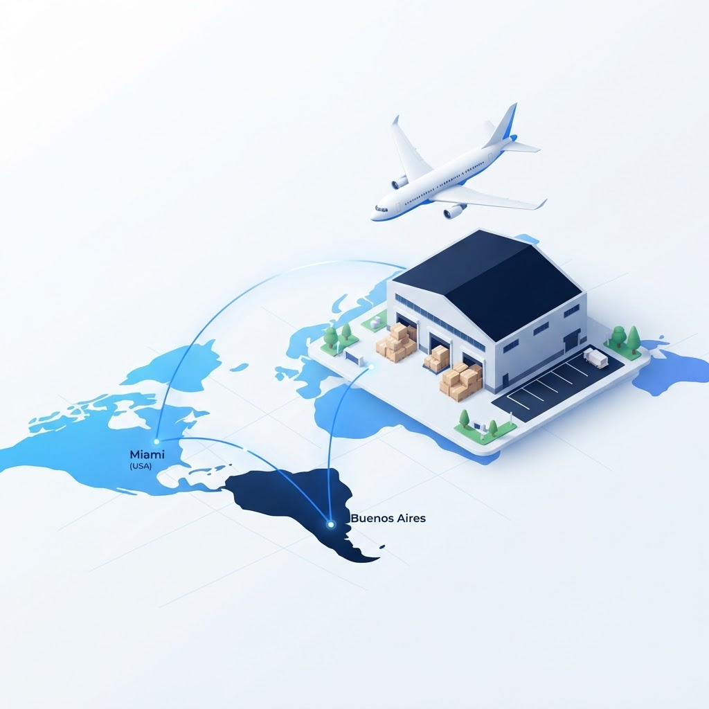 Illustration of a Miami warehouse consolidating packages onto a cargo airplane bound for Argentina