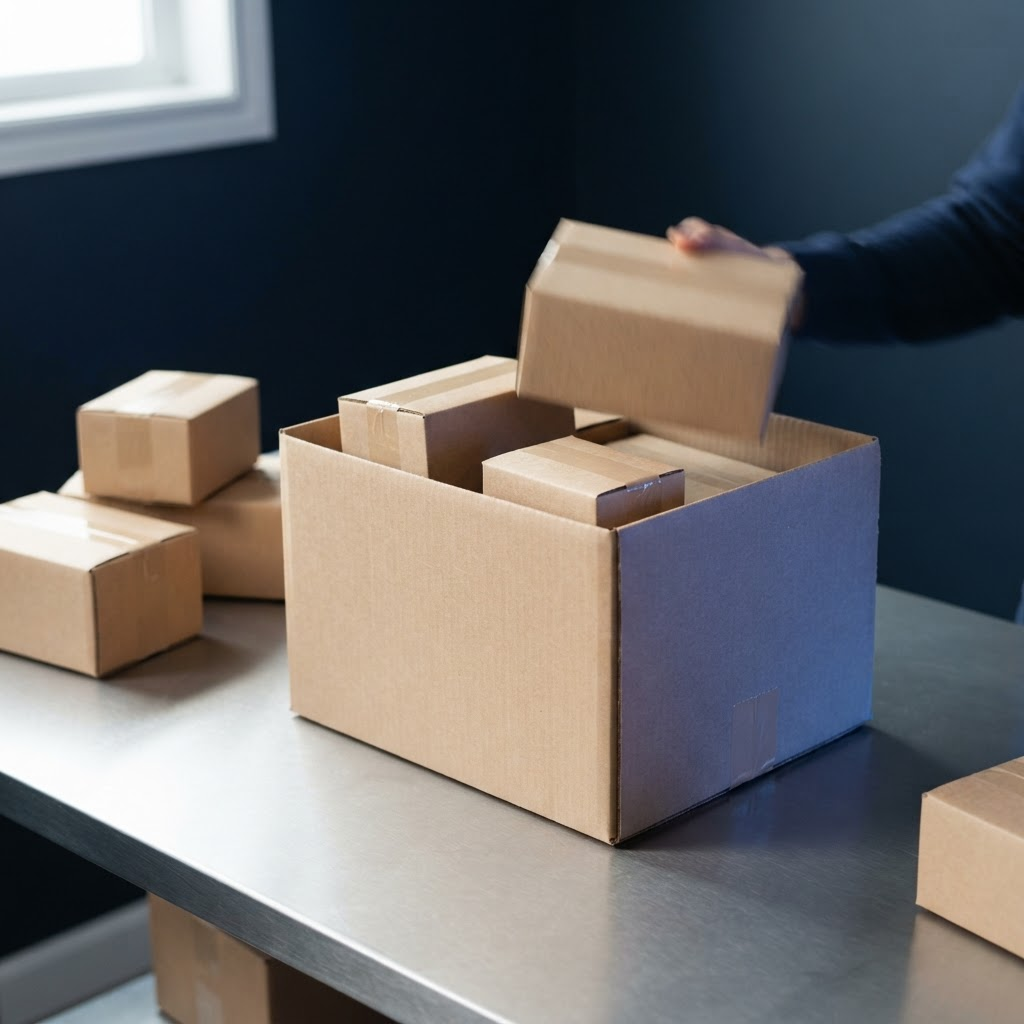 Several small parcels being combined into a single larger shipping box on a packing table