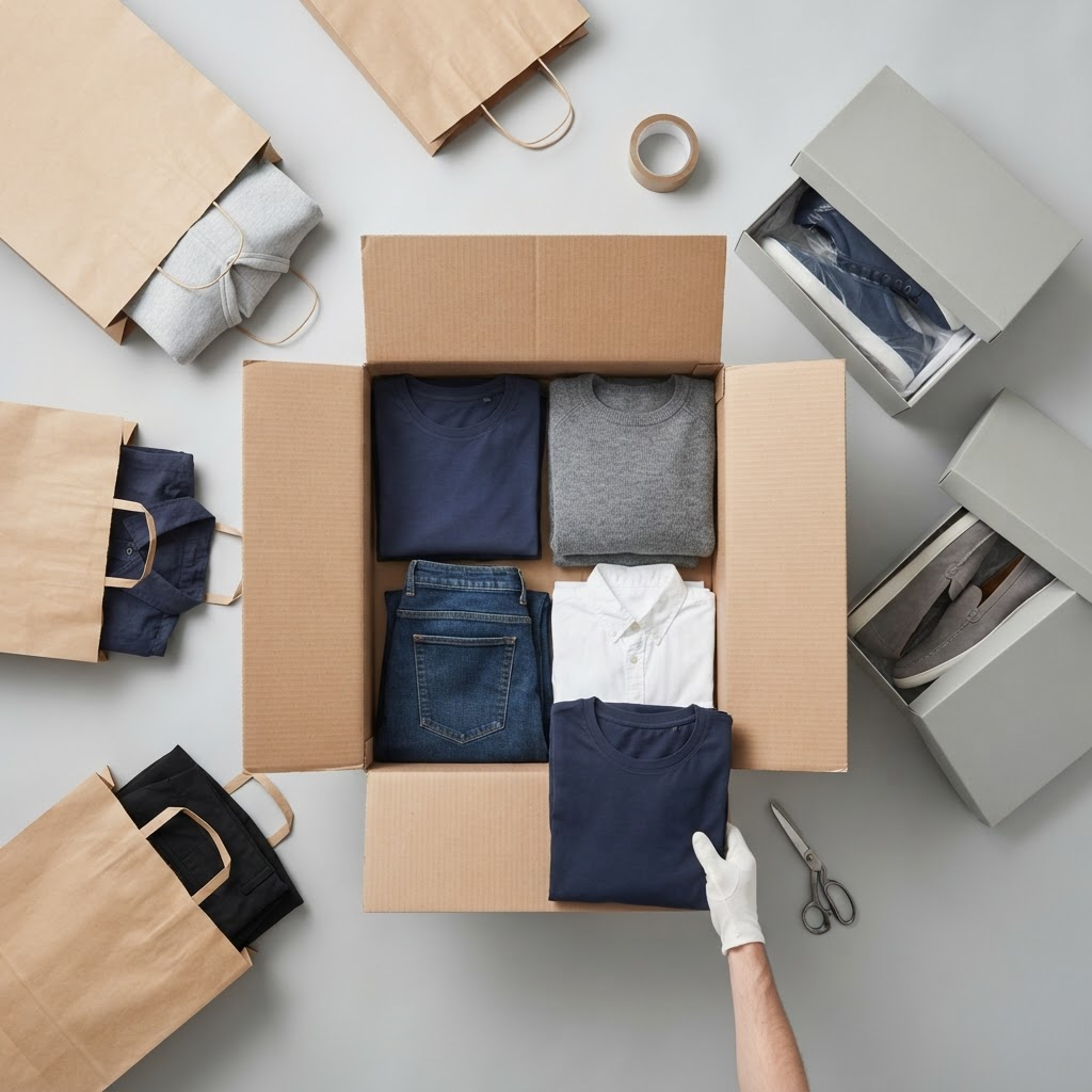 Several shopping bags and shoe boxes from different stores consolidated into one shipping carton